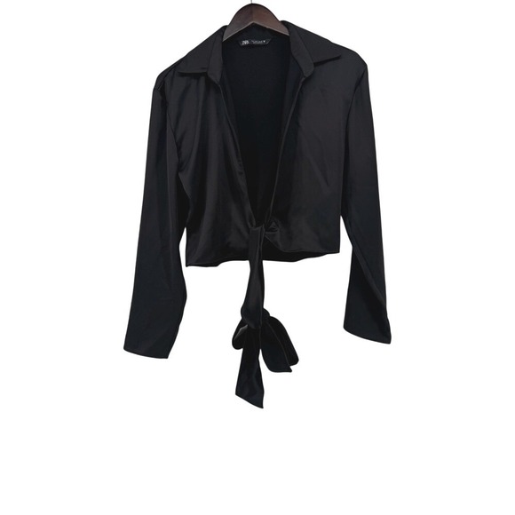 Zara Tops - Zara Womens Black Satin Cropped Tie Front Long Sleeve Collared Blouse Size L